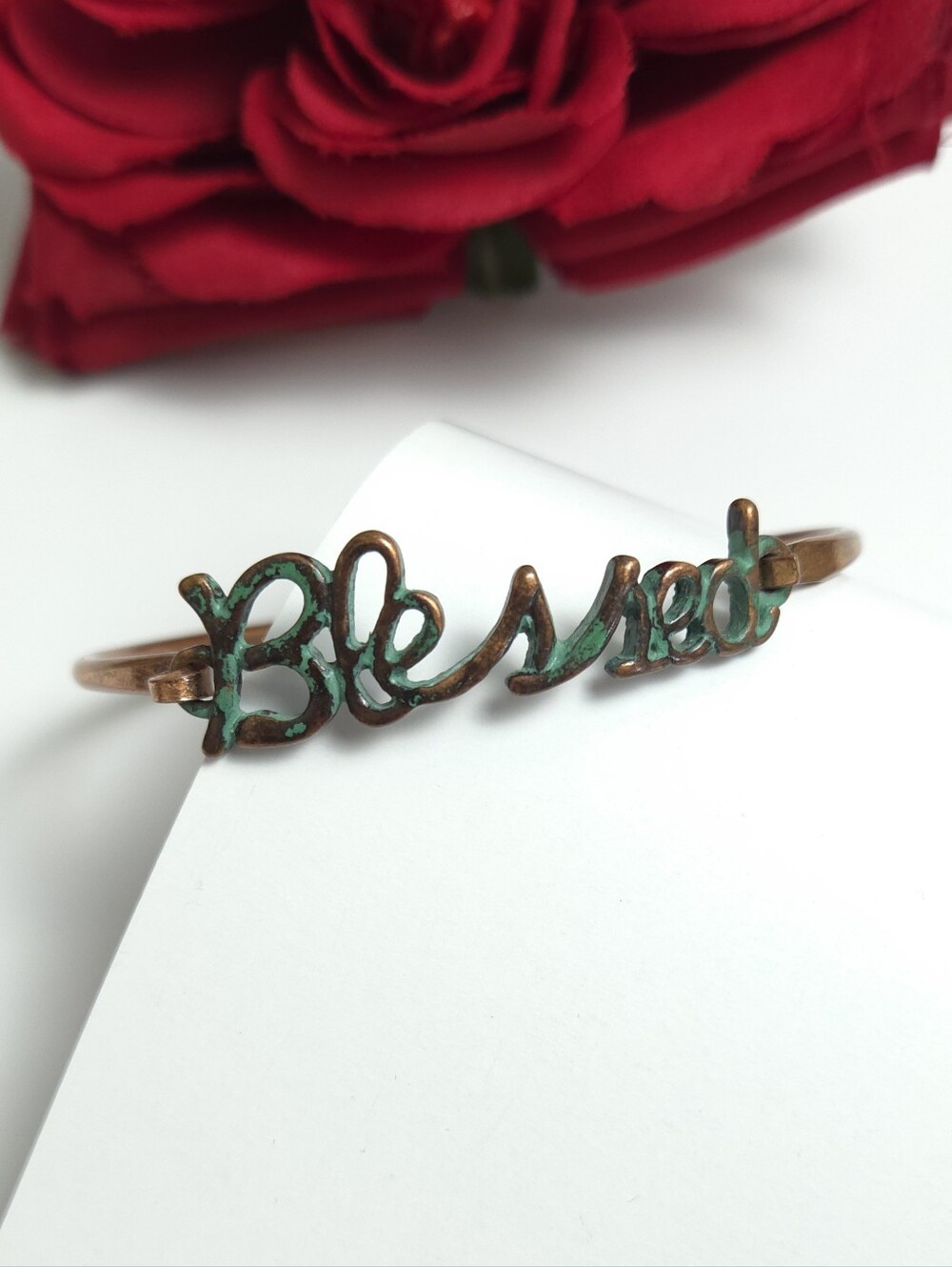 Vintage Pitina & Copper BLESSED Word Bracelet Bangle Hinge Bracelet